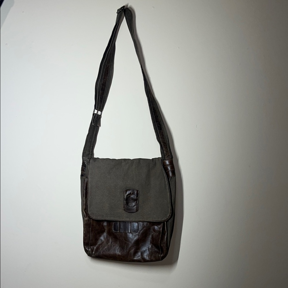 Men's Brown and Green Leather Messenger Bag